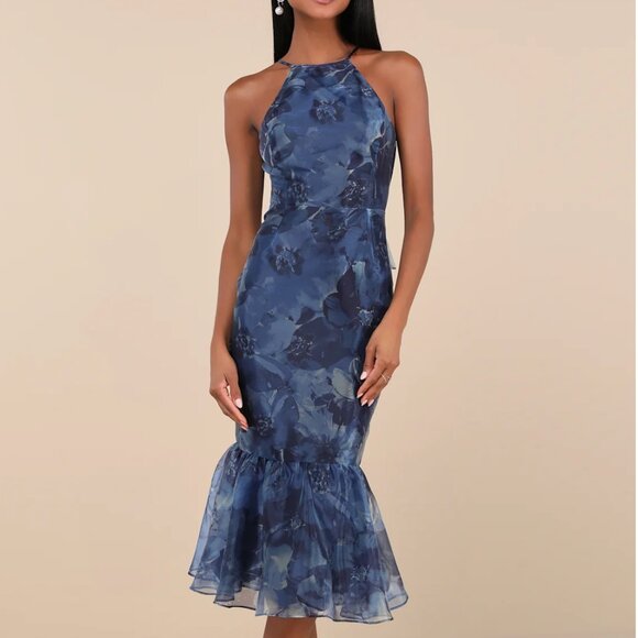 Admirable Essence Navy Blue Floral Organza Trumpet Midi Dress - Picture 1 of 1